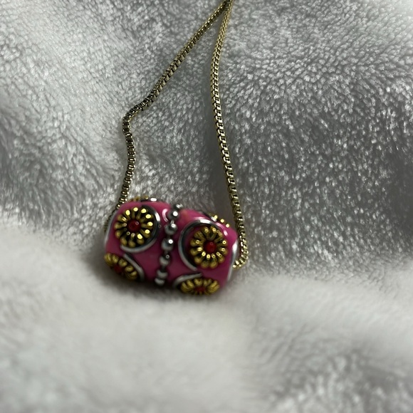 Necklace upcycle pink bead/pendant lampwork handmade bead on goldtone long chain - Picture 2 of 5
